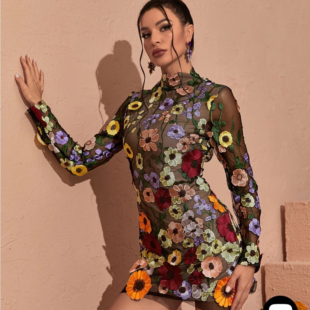 Floral Mesh Long Sleeve Dress